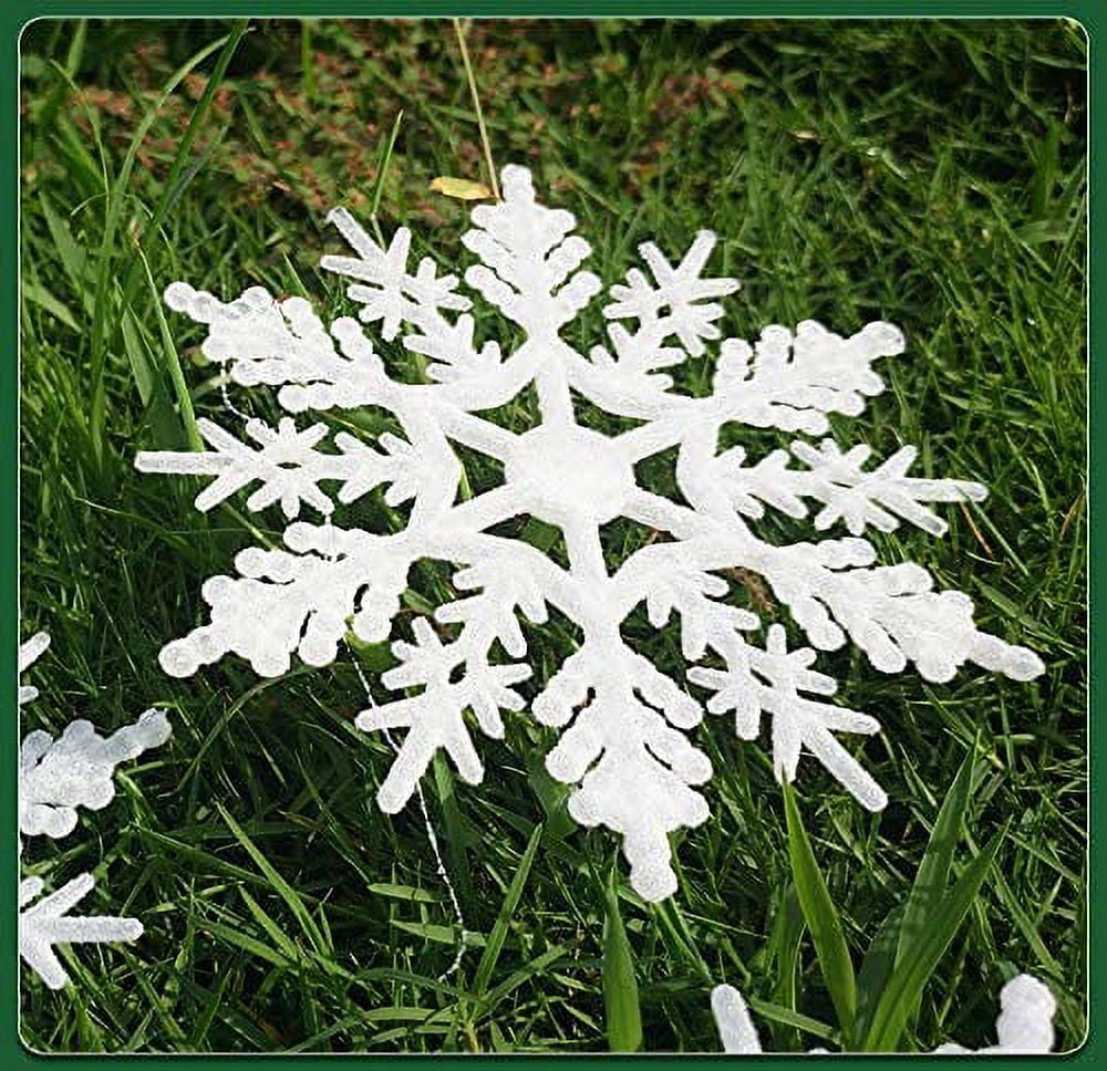 Mini 4inch Plastic Snowflake Ornaments,12pcs Sparkling White Iridescent Glitter Snowflake Ornaments on String Hanger for Decorating, Crafting,Wedding