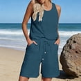 thumbnail image 2 of Soyumi Women Two Piece Short Set Drawstring Elastic Waist Pants Round Neck Tank Tops Comfy Sweatsuit Soft Sleepwear Vacation Outfits Sleeveless Tank Top and Shorts, Dark Blue, 2 of 6