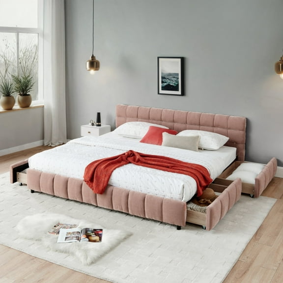 California King size Upholstered Bed ,comfortable upholstered bed frame, Chenille fabric, with headboard and solid bed frame. With drawer for storage.-Pink (90.5''*80.5''*31'')