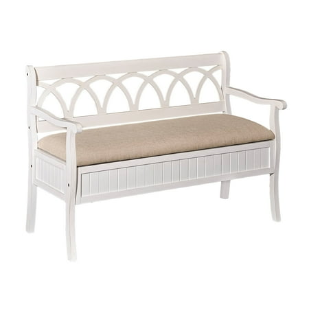 Linon Elliana Storage Bench Beige Padded Seat Cutout Back Design in White Wood