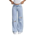 thumbnail image 2 of Women's Ripped Denim Jeans, High Waist Wide Leg Mom Jeans with Zipper Fly, Loose Fit Distressed Streetwear Pants for Casual Wear and Daily Fashion Outfits Light Blue M, 2 of 3