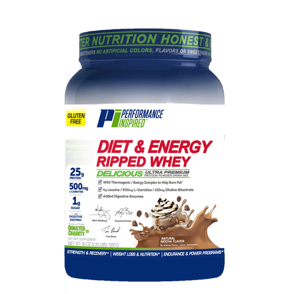 Performance Inspired Nutrition - Diet & Energy Ripped Whey Protein - 25G of Clean Protein - L-Carnitine – Leucine – Natural Mocha - 2.25 lbs