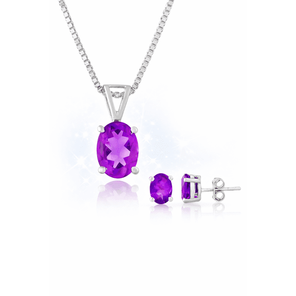 925 Sterling Silver Natural Amethyst Jewelry Set for Women – Oval Cut Amethyst Necklace and Earrings Set, February Birthstone Gift