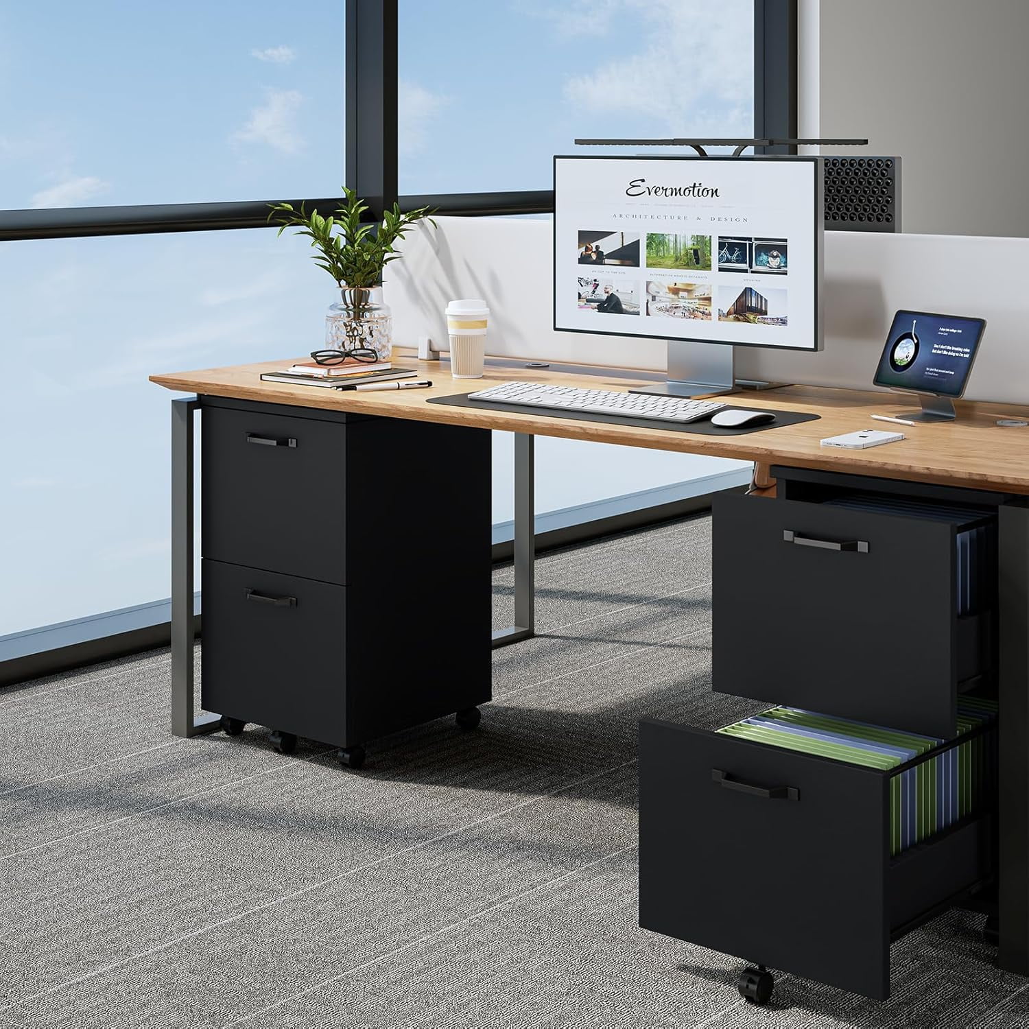 JIOABL 2 Drawer Rolling File Cabinet with Lockable Wheels, Mobile Printer Stand with Storage, Black, 1 Set