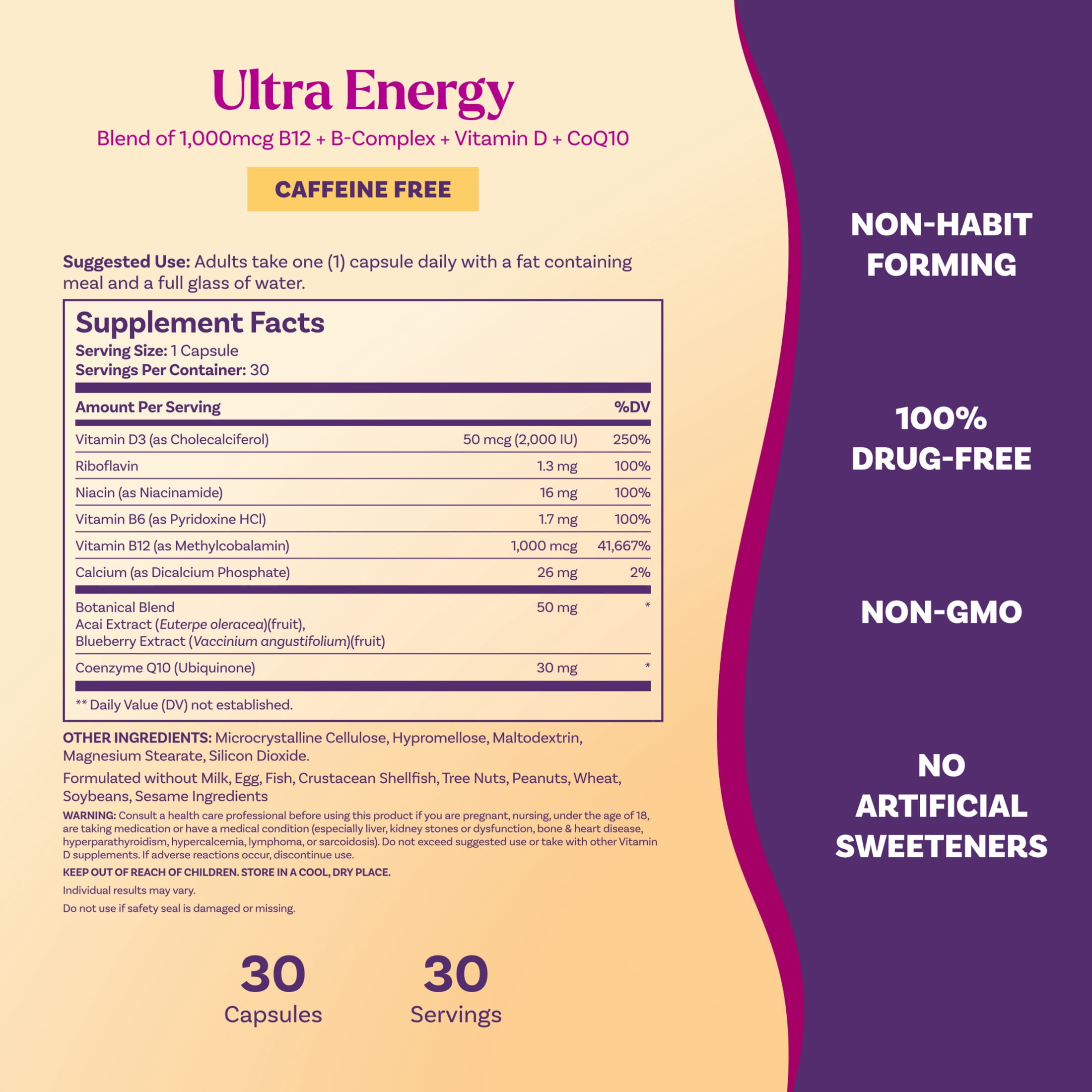 Natrol Ultra Energy 4-in-1 Blend 1000mcg B12, Vitamin B Complex, Vitamin D, CoQ10 Capsules 30 Ct, Vegetarian, Caffeine Free, Supports Cellular Energy Production