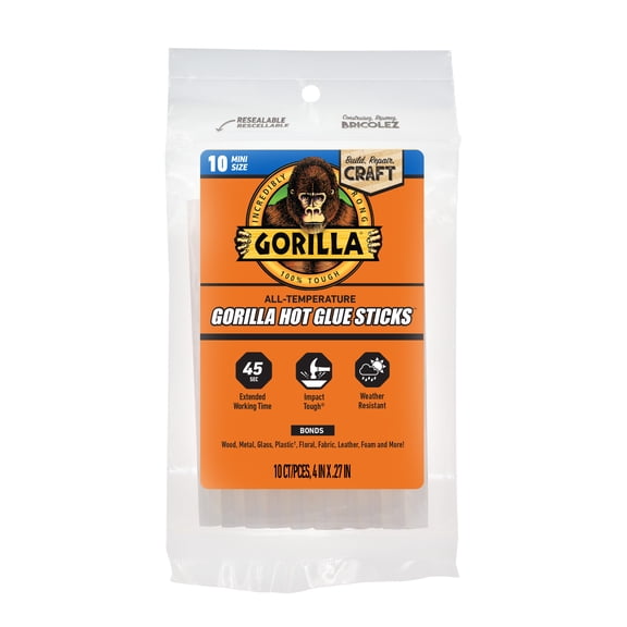 Gorilla Glue Clear 4" Dual Temp Mini Hot Glue Sticks, 10 Count