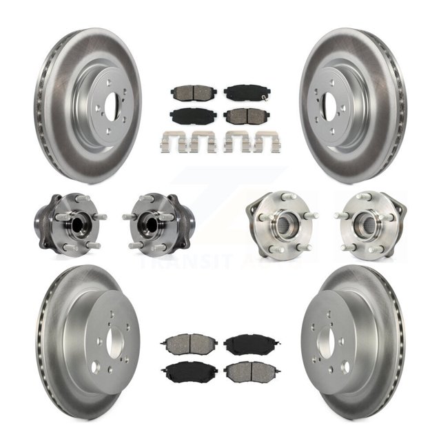Transit Auto Front Rear Hub Bearings Assembly Coated Disc Brake Rotors and Semi-Metallic Pads Kit (10Pc) for Car 2014 Subaru Forester 2.0L To 01 14 - Left Right Side (Driver Passenger) KBB-112223