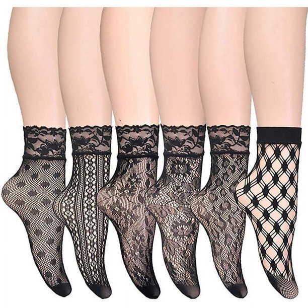 Xiao Hua 6 pares de calcetines tobilleros de red de pesca con encaje, calcetines de vestir para mujer, calcetines cortos de red de pesca, calcetines de malla, todo en talla única