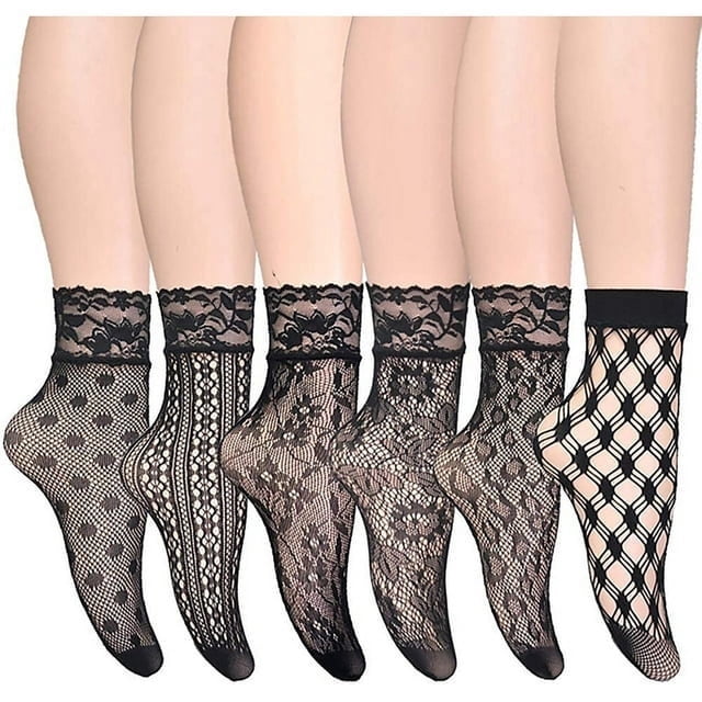 Xiao Hua 6 pares de calcetines tobilleros de red de pesca con encaje, calcetines de vestir para mujer, calcetines cortos de red de pesca, calcetines de malla, todo en talla única