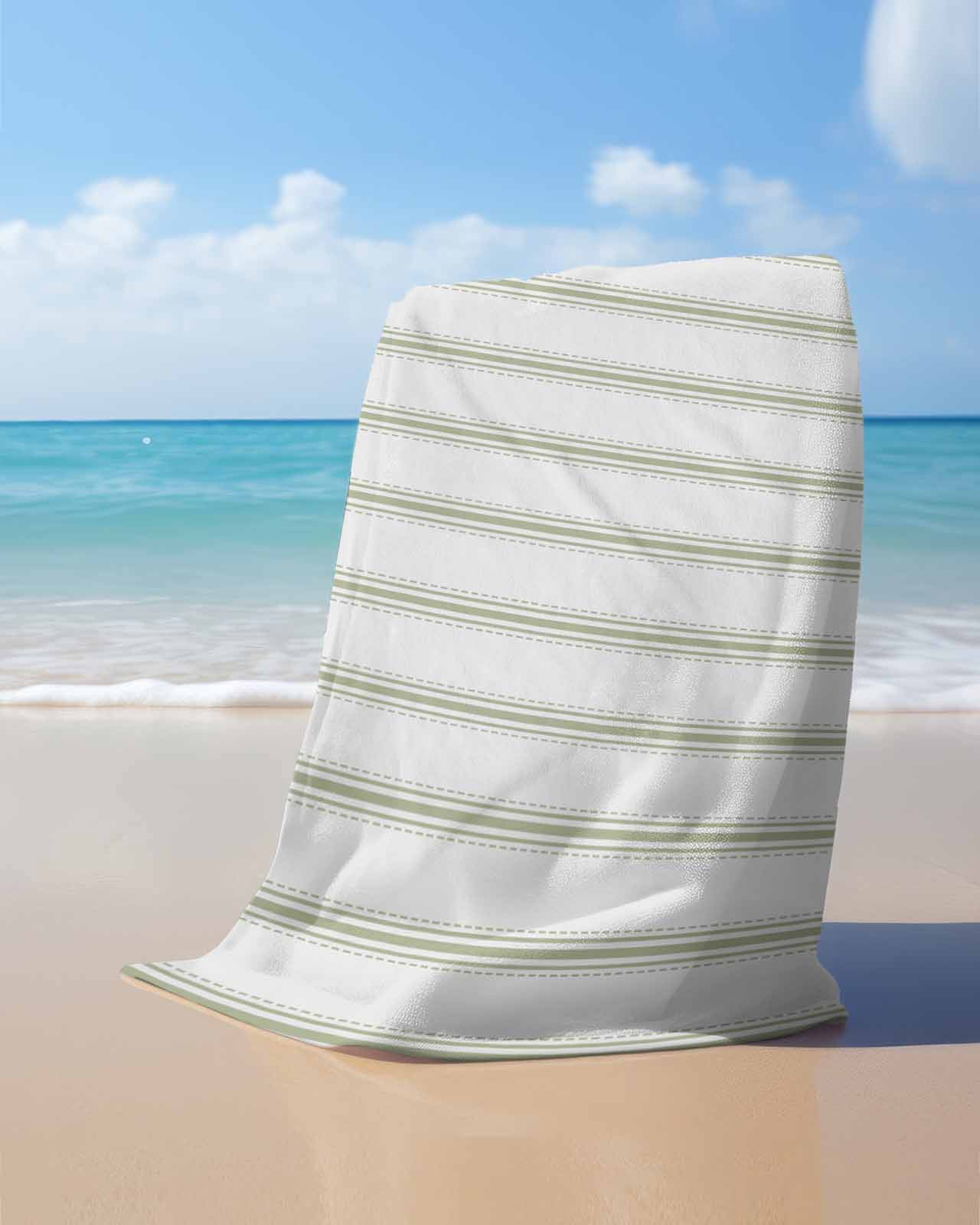 Sage Green Striped Beach Towels Oversized Super Absorbent, Sage Green White Stripes Farmhouse Lightweight Bath Towel Quick Dry Sets For Bathroom/Pool/Rv Camping/Beach Play/Gym Room/Picnic 23"x47"