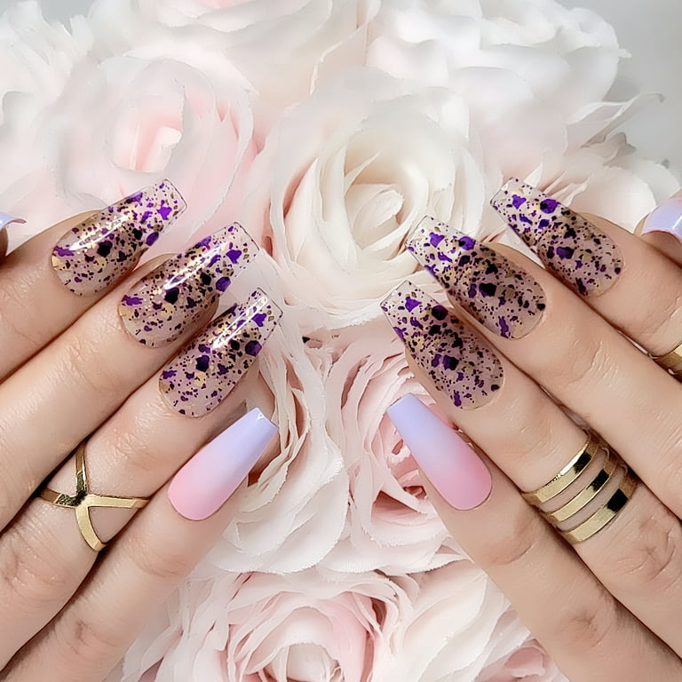 24Pcs Long Coffin Blue Flower Fake Nails with 3D Rhinestones Full Press On  Nails
