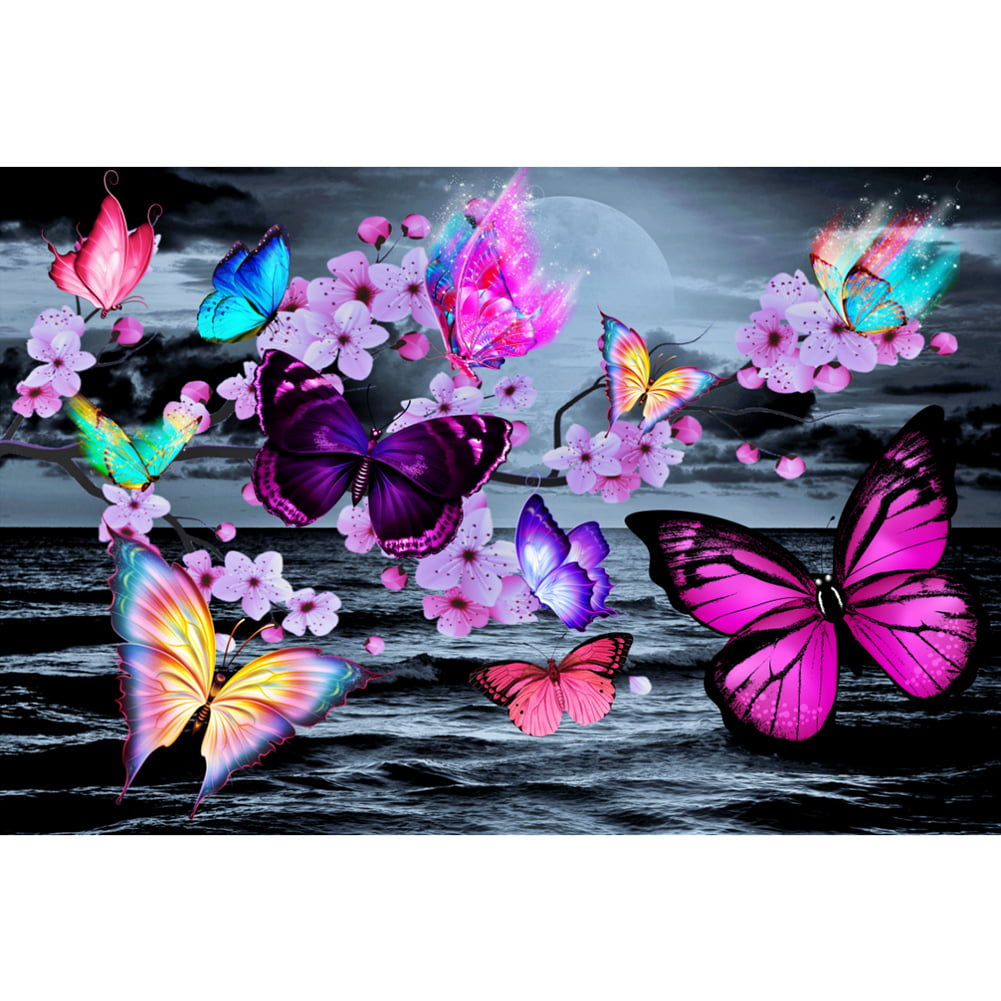 DIY Diamond Painting Kits Crystal Round Rhinestone Canvas Embroidery Blue Starry Waterfall Landscape and Purple Butterflies Adults Kids Cross Stitch Arts Craft for Home Wall Decor 5 Sizes