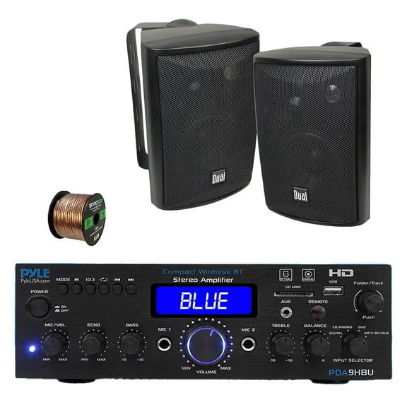 Pyle PDA9HBU 2-Channel Home Theater Bluetooth HiFI Audio Optical/HDMI/USB/SD FM Radio Receiver, 2x 4" 200 Watt Max 3-Way Indoor/Outdoor Wall Mount Audio Speakers (Black), 50 ft 16 Gauge Speaker Wire