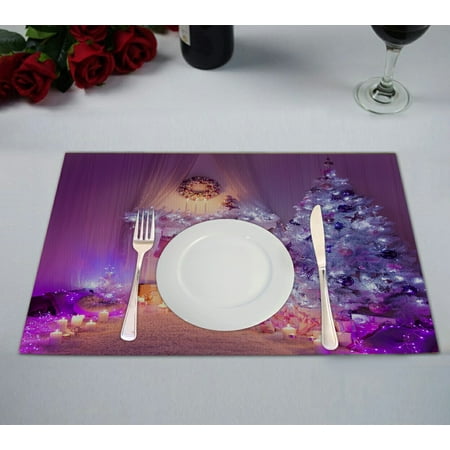 

ABPHQTO Christmas Fireplace Tree Lights Xmas Hanging Sock Presents Placemat 12x18 Inch Set of 2 Table Placemats