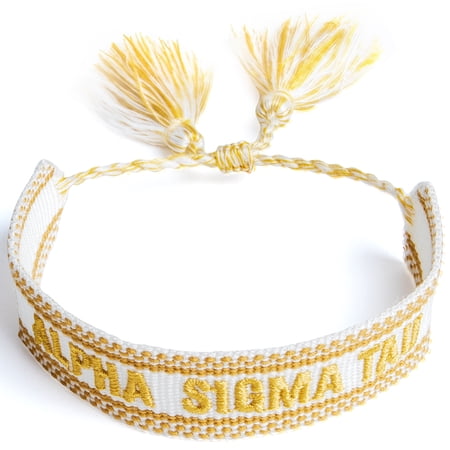 Sorority Shop Alpha Sigma Tau Bracelet — Woven Bracelet, White and Gold Design with ACO Sorority Name and Tassels, Greek Sorority Jewelry