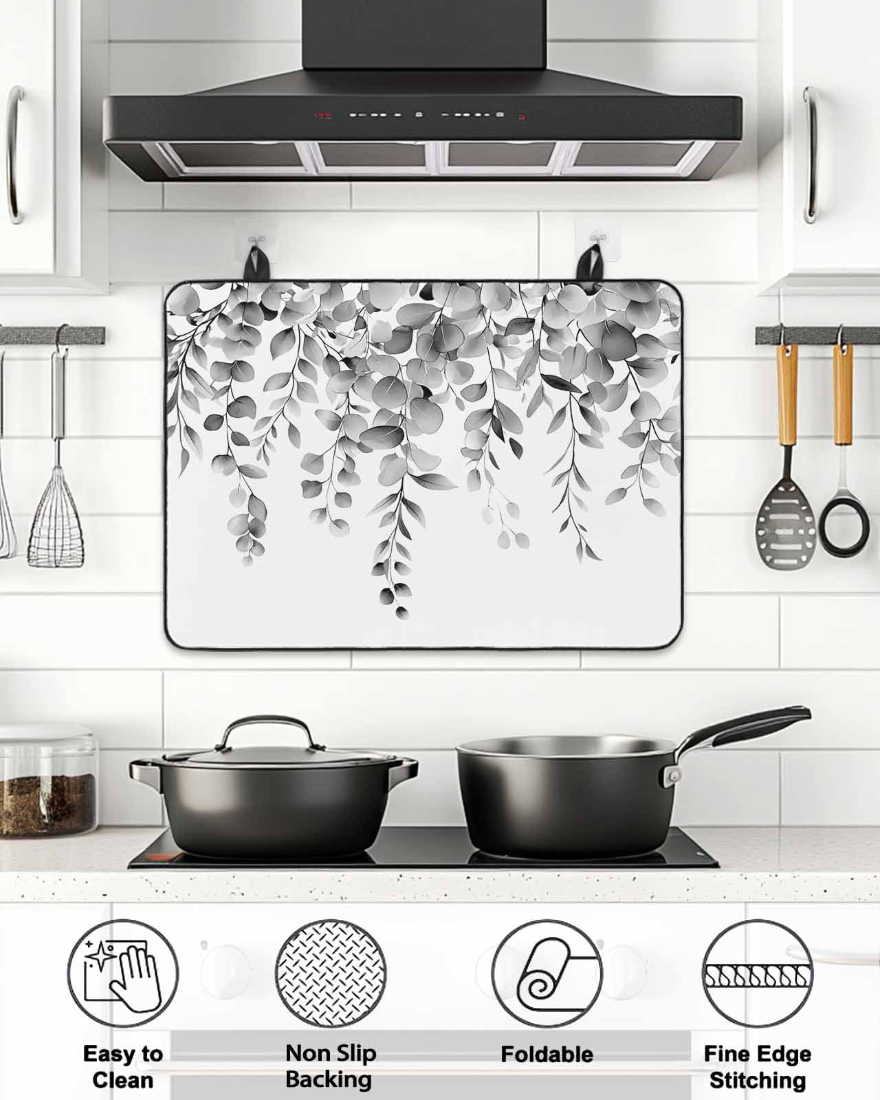 Stove Top Covers for Electric Stove, Grey Eucalyptus Glass Stovetop Cover Protector, Botanical Leaves Aesthetics Flowers Induction Cooktop Protector Oven Mat for Kitchen Countertop 28.5"x20.5"