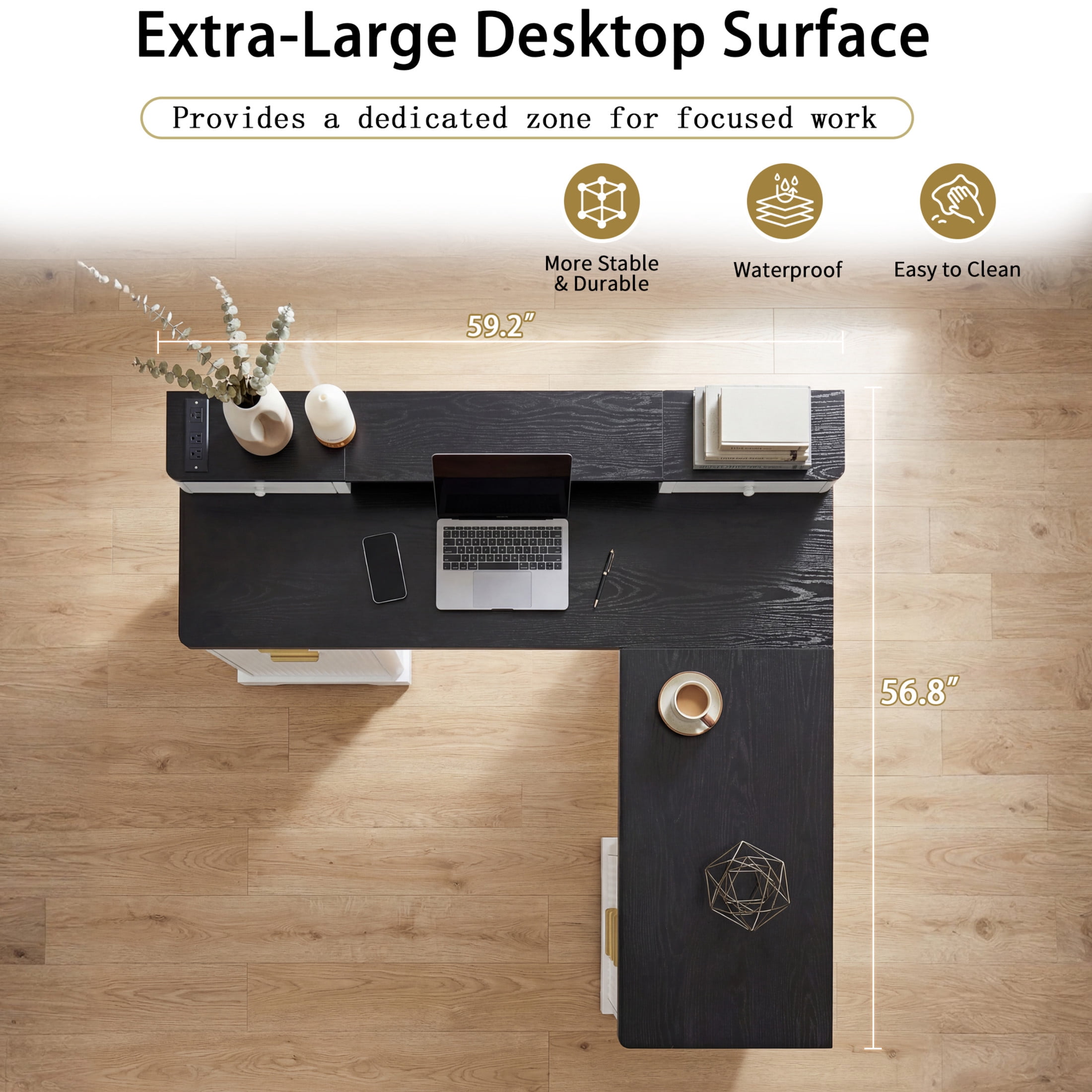 Noble House 59" Modern L-Shaped Desk with Charging Station, Monitor Stand, Drawer and Storage Cabinet, White
