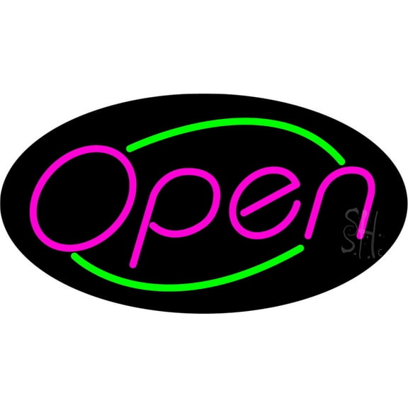 Pink Open With Green Border Oval Animated LED Neon Sign 13 x 24 - inches, Black Square Cut Acrylic Backing, with Dimmer - Bright and Premium built indoor LED Neon Sign for storefront.