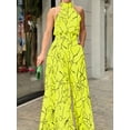 thumbnail image 3 of Elegante mono de cintura halter, mono de pierna ancha larga de verano sin mangas con lazo casual y estampado en la cintura, ropa de mujer, 3 of 4