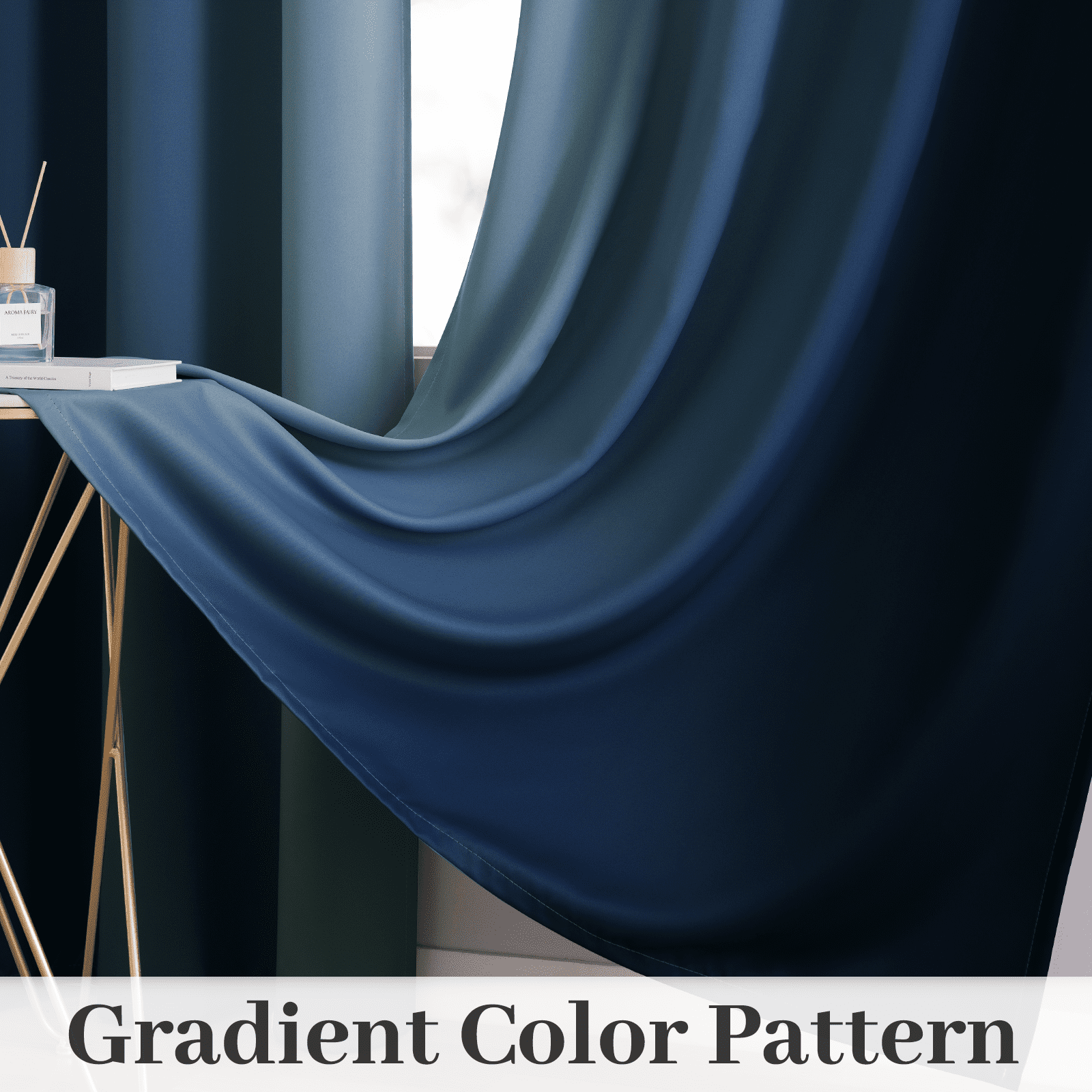 Yakamok Ombre 100% Blackout Curtains for Bedroom, Room Darkening Gradient Blue Curtains for Living Room Grommet Window Curtains 84 inches Long,2 Panels,52x84 inch