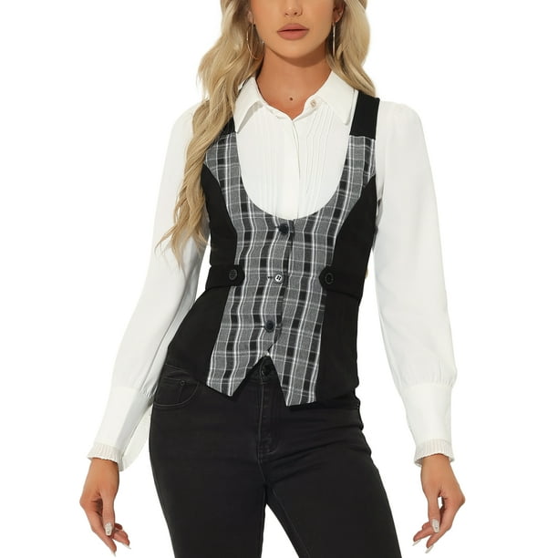 Chaleco Vintage sin mangas de panel de ante falso de cuadros para mujer Inspire Chic M Negro
