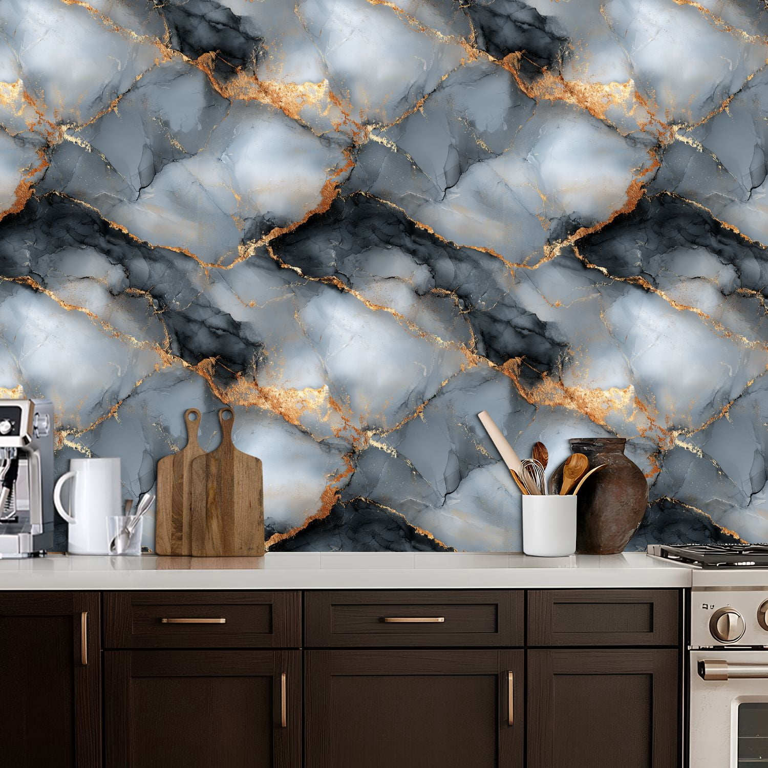 Peel and Stick Wallpaper Abstract Gray Gold Marble Design Cracked Wall Mural 17.7in x 9.8ft Self Adhesive Removable Wall Paper Renter Friendly Wallpaper for Nursery Bedroom Cabinets