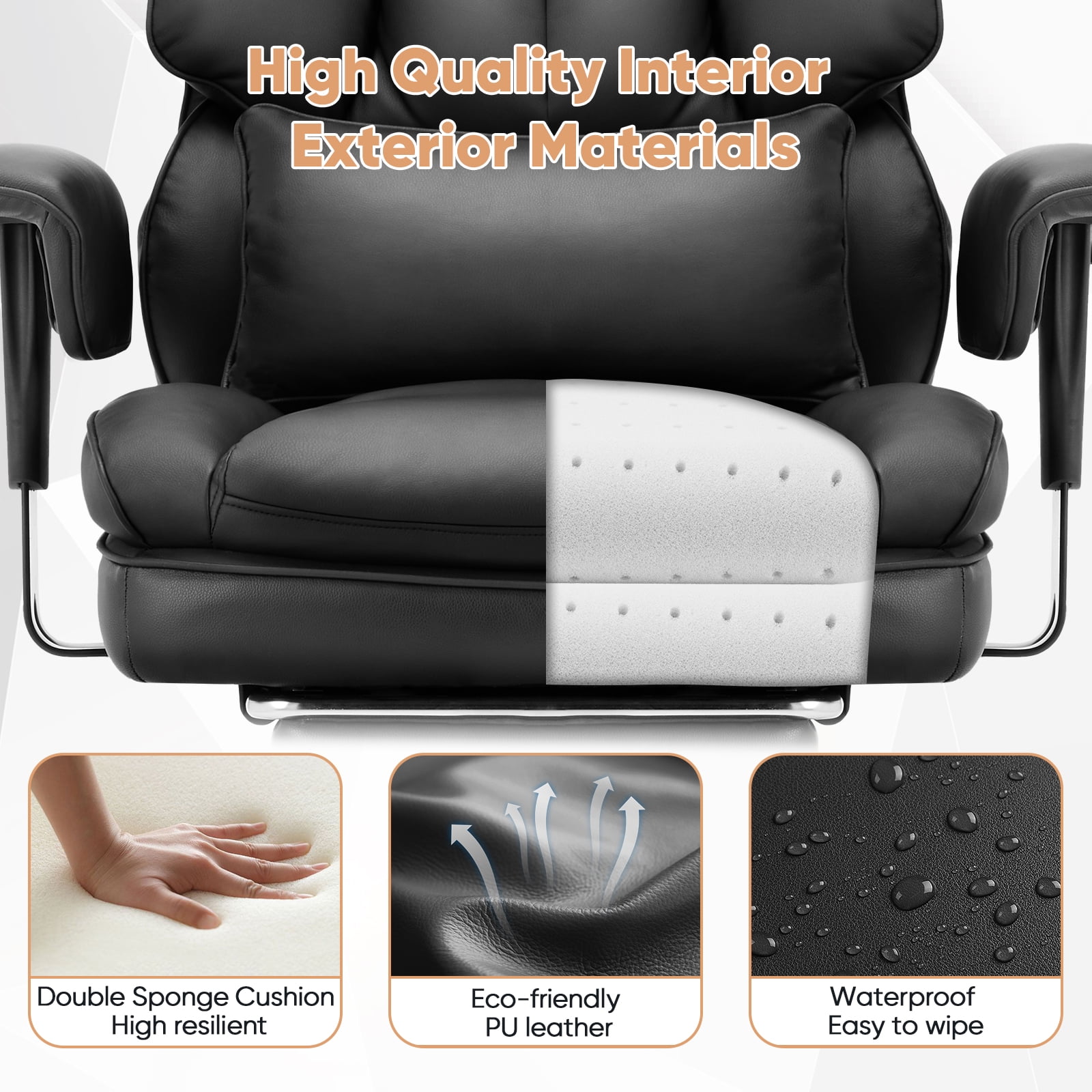 GIANNA Executive Home Office Desk Chair with Swivel Wheels, Footrest & Lumbar Support, Reclining Height Adjustable, Black