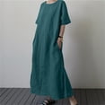 thumbnail image 2 of Vestido largo de lino para mujer talla grande - Cintura con cordón, abertura, manga corta, informal, 2 of 6