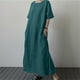 thumbnail image 2 of Vestido largo de lino para mujer talla grande - Cintura con cordón, abertura, manga corta, informal, 2 of 6
