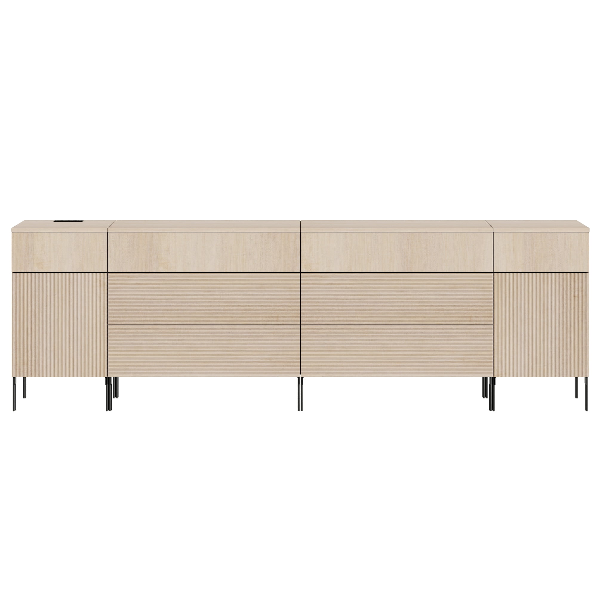 WAMPAT 94.5" Sideboard Cabinet with 7 Drawers and 2 Doors, Modern Fluted Credenza with Charging Station, Push-to-Open Storage Cabinet for Dining Room, Living Room