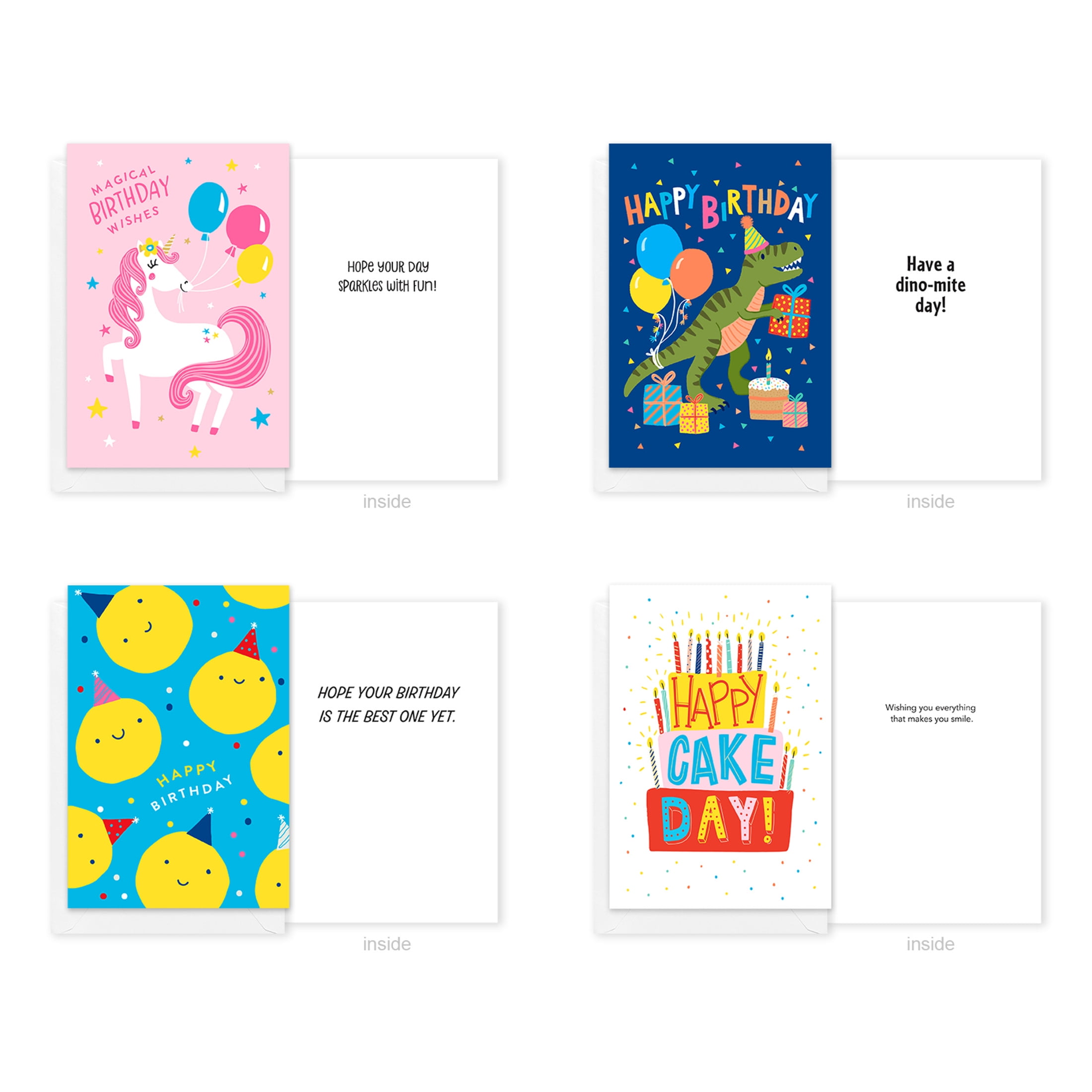 American Greetings Birthday Card Bundle for Kids, Unicorn, Balloons, Cake, Smiles (4-Designs, 12-Count)