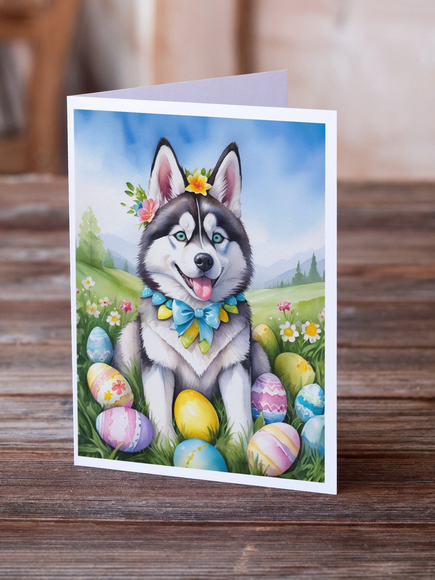 Siberian Husky Easter Egg Hunt Greeting Cards Pack of 8 7 in x 5 in