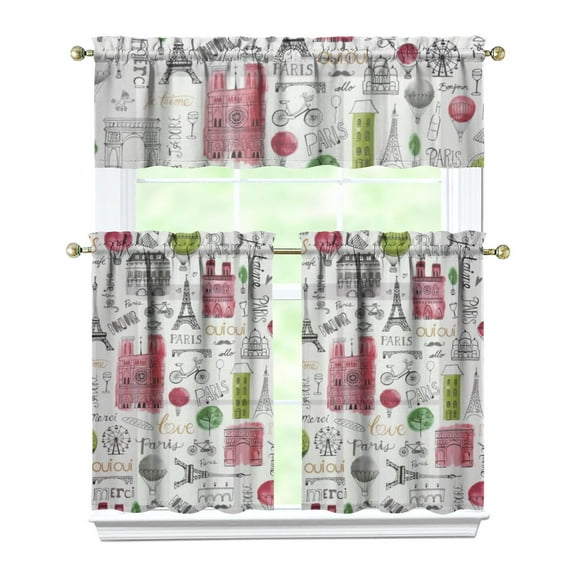 Vintage Paris Style Travel Kitchen Curtains Set, Fashion Girly Pink Vacation Tier and Valance Curtains for Kitchen, Office, or Laundry Room, Easy Care Rod Pocket Panels