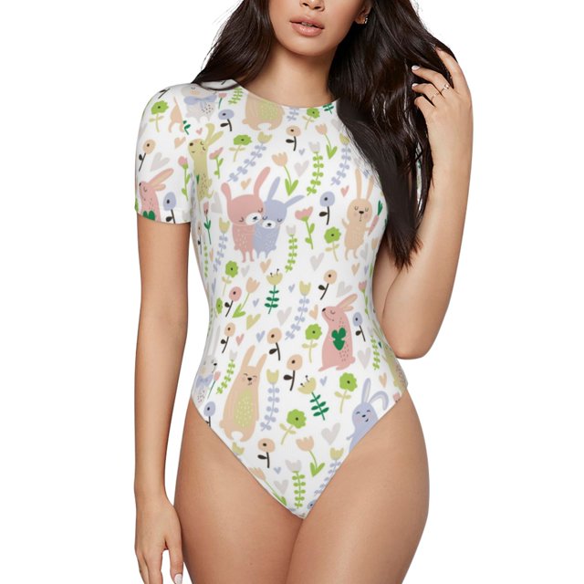 Balery Flower Rabbit Body de cuello redondo de manga corta para mujer Tops de manga corta Tops básicos-Medium