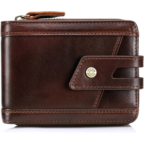 SCHLATUM Genuine Leather Wallet for Men, RFID Blocking, Zipper, 14 Card Slots, Coffee