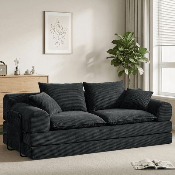 79" Convertible Sleeper Sofa Bed, 4-in-1 Folding Corduroy Floor Couch Futon, High Backrest, Black