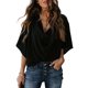 thumbnail image 1 of Tops fruncidos para mujer, cuello en V, manga corta de murciélago, blusa informal holgada de Color puro para mujer, para fiesta, oficina, viajes, negro M, 1 of 6
