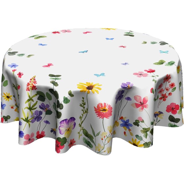 Spring Flowers Tablecloth Butterfly Floral Round Tablecloth 60 Inch Summer/Spring Table Cloth for Farmhouse Kitchen Decor Polyester Fabric Spring Table Cover for Holiday Party Outdoor Camping