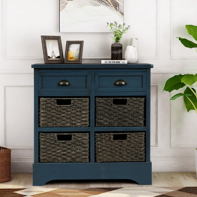 Clearance! Rustic Storage Cabinet with Two Drawers and Four Classic Rattan  Basket for Dining Room/Entryway/Living Room (Antique Navy)