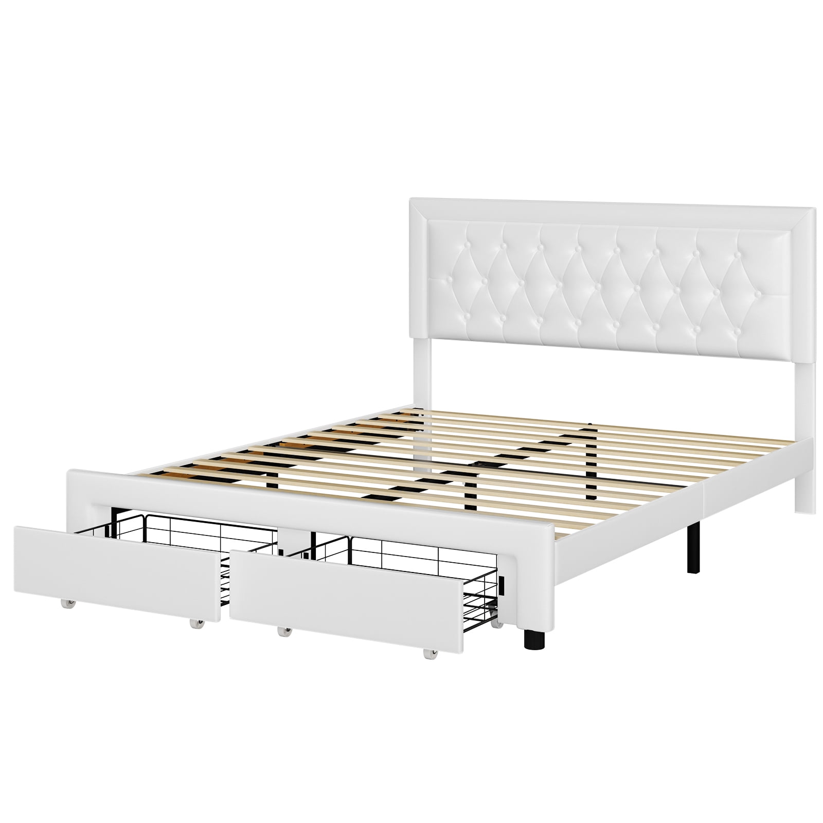 Homfa Queen Size Bed Frame with 2 Drawers, PU Leather Upholstered Platform  Bed with Adjustable Button Headboard, Beige