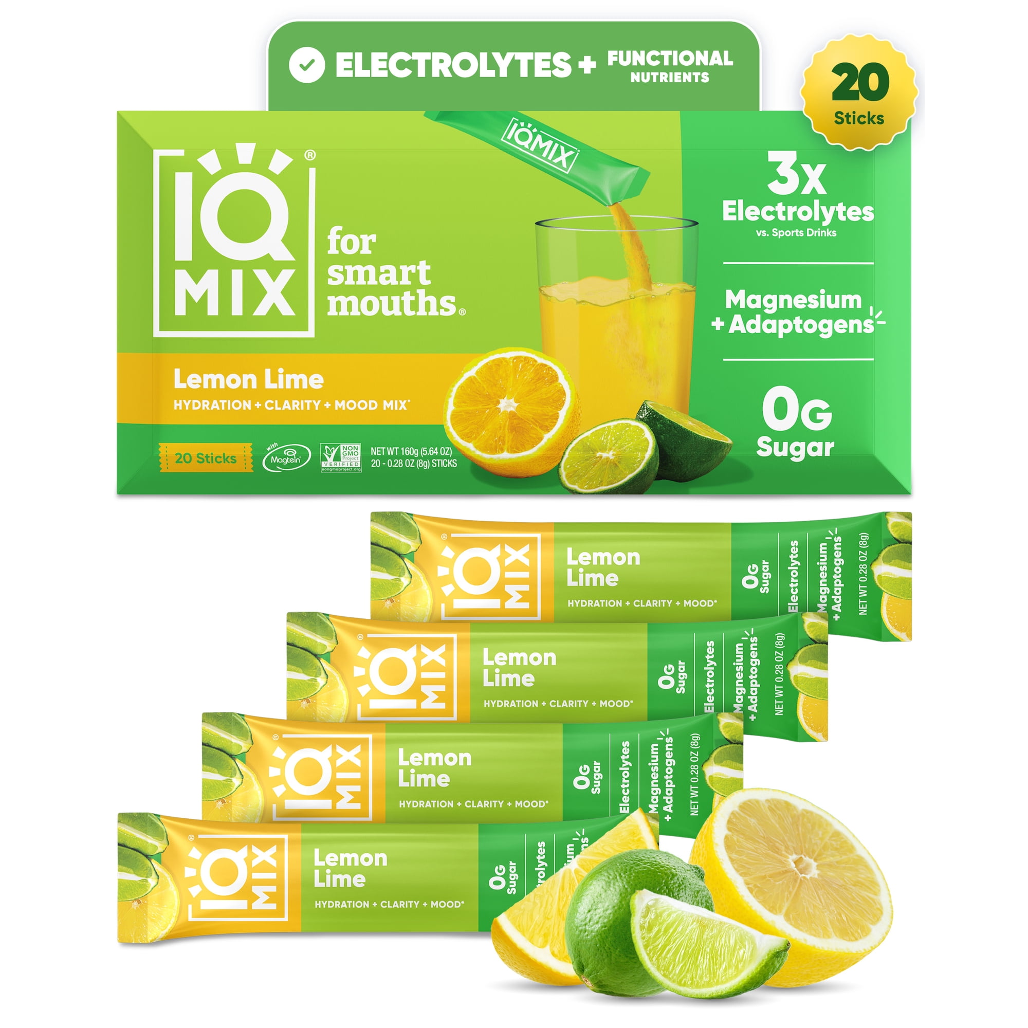 IQMIX Sugar Free Electrolyte Powder Packets - Keto Electrolytes with Lions Mane, Magnesium L-Threonate, Potassium Citrate - Lemon Lime (20-Count)