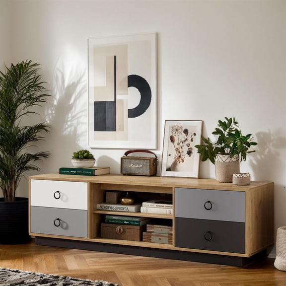 Topcobe Modern 55" TV Stand with 2 Storage Cabinets for TVs up to 60", Entertainment Center with Storage, TV Furniture for Living Room, Brown