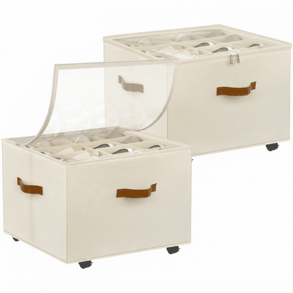 Shoe Organizer for Closet 2 Pcs, Shoe Storage Organizer with Wheels and Adjustable Dividers, Stackable Shoe Storage Box, Fits up to 16-32 Pairs, Beige