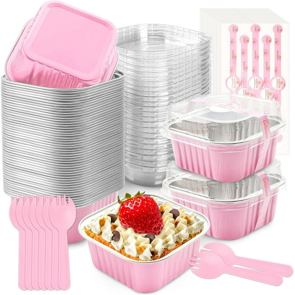 50 Pcs Mini Cake Pans with Lids and Spoons Aluminum Foil Mini Square Baking Cups with Lids Disposable Ramekins Cake Pans Dessert Cups for Wedding(Pink,5oz)