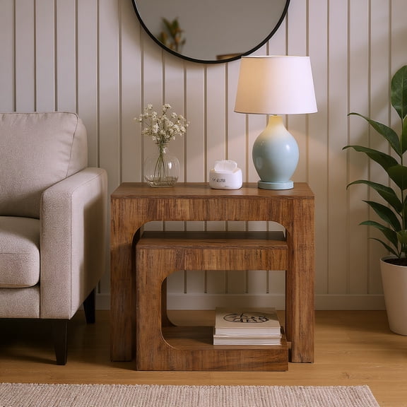 Spaco Modern Nesting Side Table Set, 2 - Piece Wooden End Tables, Open-Shelf Storage for Indoor as Living Room, Bedroom, Dark Brown