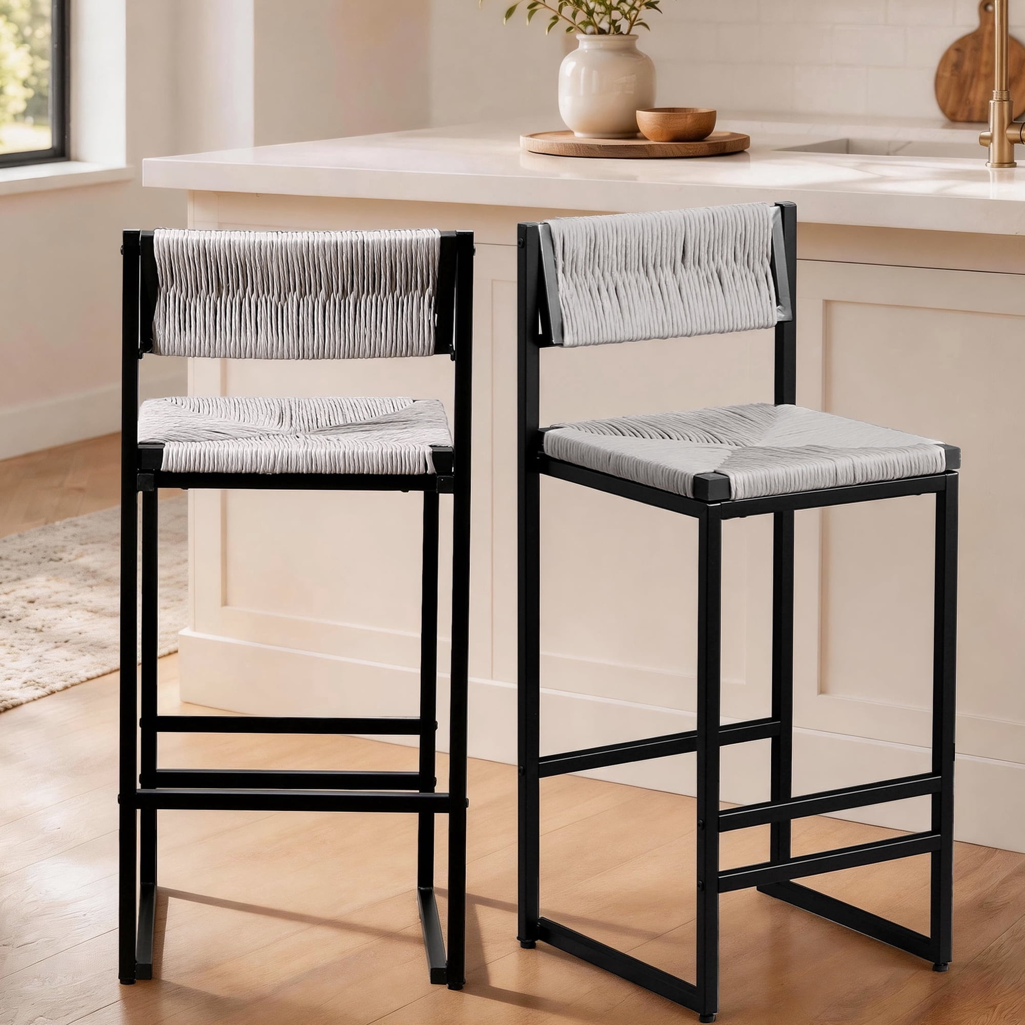 SESSLIFE Gray Bar Stools Set of 2, Paper Rope Woven Counter Height Bar Stools with Back and Metal Legs, Bar Chairs for Kitchen Island