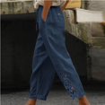 thumbnail image 2 of JUNWELL Women‘s Cotton Linen Lace Patchwork Design High Waist Drawstring Pocket Button Nine-Point Pants Long Pants Black 4, 2 of 9