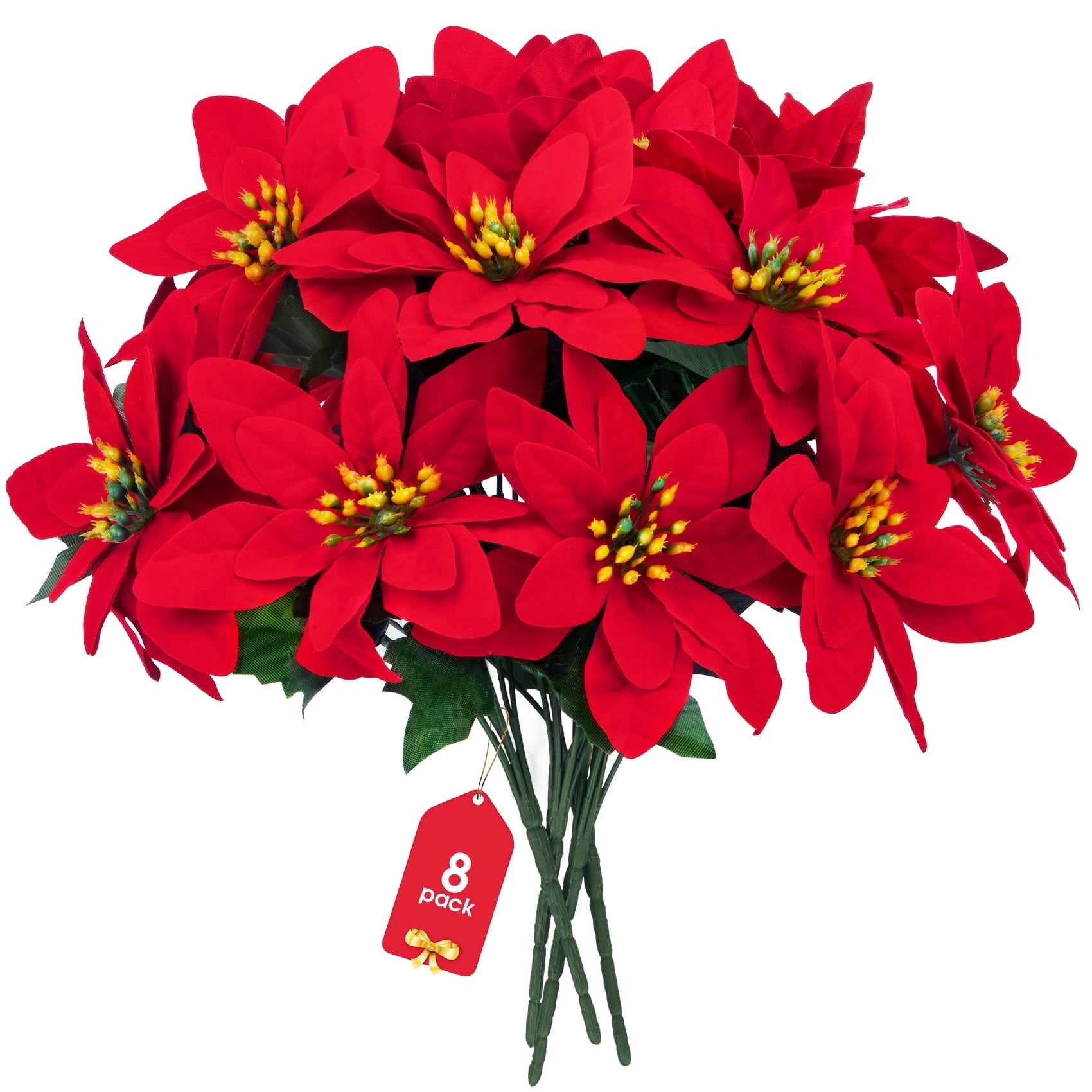 Scidweet Christmas Artificial Flowers, 8 Pack Fake Red Poinsettia Flowers Bouquet for Indoor Outdoor Home Xmas Tree Table Garden Decor