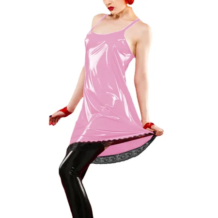 Night Party Sexy PVC Leather Spaghetti Strap A-line Dress Women Lingerie Female Sleeveless Sling Pajamas