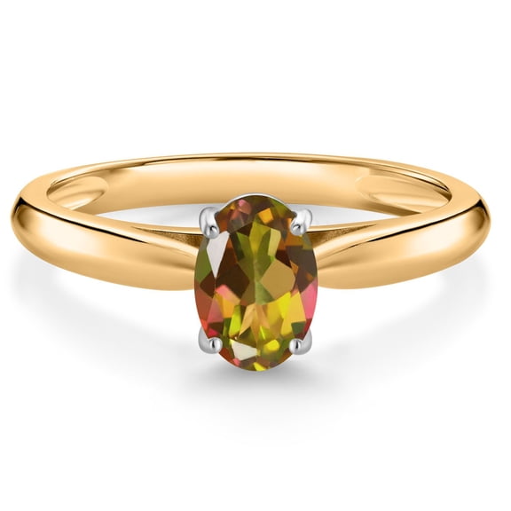 Gem Stone King 10K Yellow Gold Mango Mystic Topaz Solitaire Engagement Ring for Women (1.20 Cttw, Oval 7X5MM, Gemstone Birthstone, Size 6)